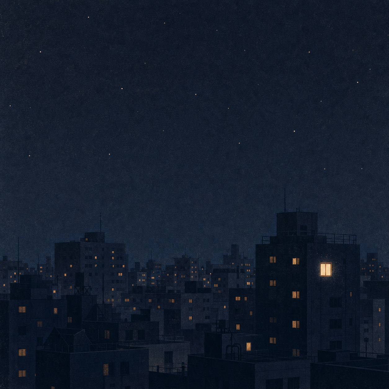 artwork: a dark tokyo skyline with a few small lit windows